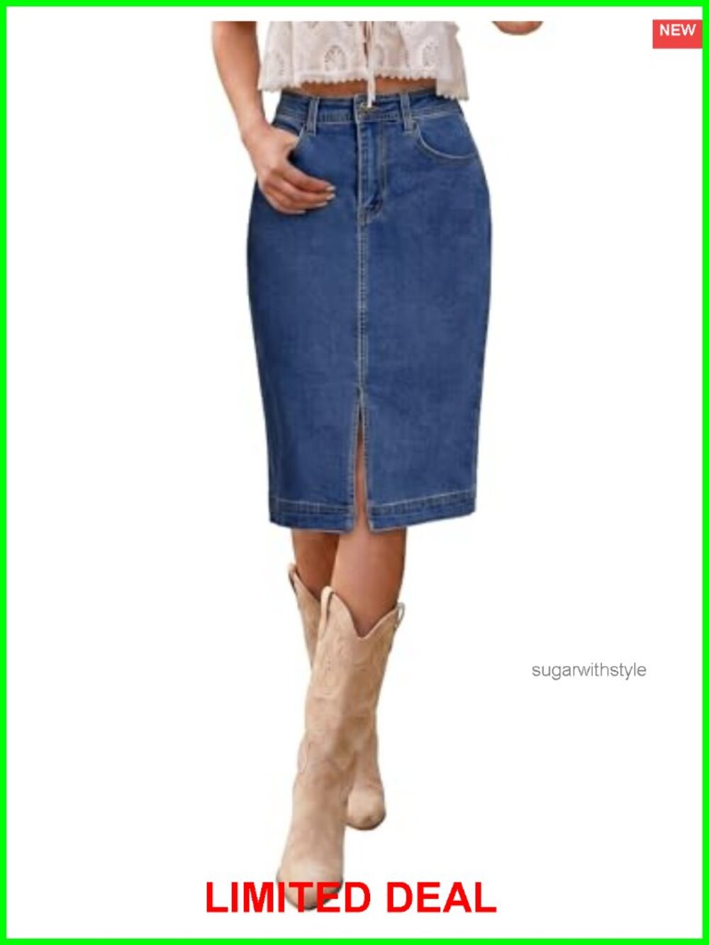 High Waist Denim Midi Skirt with Slit Women's Pencil Knee Length